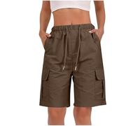 RLEHJN Cargo Shorts Women UK Clearance, Ladies Bermuda Shorts Baggy Short Cargo Pants with Multiple Pockets Summer Drawstring Elasticated Waist Half Pants for Outdoor Hiking Work Travel Golf Coffee
