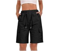 RLEHJN Cargo Shorts Women UK Clearance, Ladies Bermuda Shorts Baggy Short Cargo Pants with Multiple Pockets Summer Drawstring Elasticated Waist Half Pants for Outdoor Hiking Work Travel Golf Black