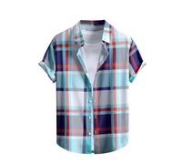 RLEHJN Checked Shirt Mens Short Sleeve, Short Sleeved Shirts for Men Plaid Printed Regular Fit Beach Casual Shirt Button Down Turn-Down Collar Summer Tops Comfortable Lightweight Outerwear Navy