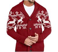 RLEHJN Christmas Cardigans for Men, Mens Knitted Jumper Xmas Snowflake Elk Turn-Down Collar Cardigan Button Down Jackets Sweater Warm V Neck Jumpers Tops Long Sleeve Knitwear Coats S-3XL Red