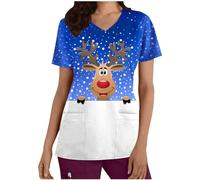 RLEHJN Christmas Scrubs Tops Nurse Women UK Sale Clearance Tunic Medical Healthcare and Beauty Tunics Tops with Pockets Xmas V-Neck Short Sleeve Nurse Hospital Tops Beauty Salon Work Top for Ladies