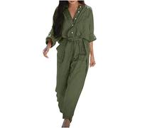 RLEHJN Cotton Linen Jumpsuits Women Long Sleeve Jumpsuits with Pockets Casual Button Down Shirts One Piece Playsuit Solid Color V Neck Summer Romper Loose Fit Turn-Down Collar Overalls Workwear