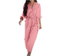 RLEHJN Cotton Linen Jumpsuits Women Long Sleeve Jumpsuits with Pockets Casual Button Down Shirts One Piece Playsuit Solid Color V Neck Summer Romper Loose Fit Turn-Down Collar Overalls Workwear