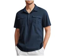 RLEHJN Cotton Linen Shirts Men Warehouse Deals Clearance, Mens Polos Shirts Short Sleeve Casual Plain Tshirts Summer Turndown Collar Tops Regular Fit Work Shirt with Pockets Golf Basic Tee S-5XL Navy