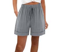 RLEHJN Cotton Linen Shorts Women Clearance Solid Color Loose Pull On Shorts with Pockets Summer Lightweight Casual Pants Folded Hem Elasticated Waist Short Pants Beach Lounge Wear S-3XL Gray