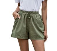 RLEHJN Cotton Linen Shorts Women UK Warehouse Clearance, Ladies Shorts Plain Pull On Elasticated Waist Short Pants with Pockets Casual Drawstring Straight Leg Loose Summer Pants Size 8-18 Green
