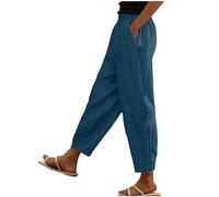 RLEHJN Cotton Linen Trouser Women UK Clearance Solid Color Elasticated Waist Trousers Ladies Summer Lounge Pants Plain Loose Fit Full Length Pants Casual Straight Leg Bottoms with Pockets