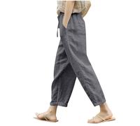 RLEHJN Cotton Linen Trousers Women UK Clearance Solid Color Elasticated Waist Cropped Trousers Ladies Summer Lounge Pants Plain Loose Fit Pants Casual Straight Leg Bottoms with Pockets and Drawstring
