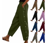 RLEHJN Cotton Linen Trousers Women UK Clearance Solid Color Elasticated Waist Cropped Trousers Ladies Summer Lounge Pants Plain Casual Bottoms with Pockets and Side Button Design Army Green