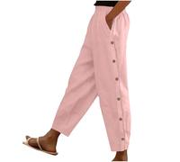 RLEHJN Cotton Linen Trousers Women UK Clearance Solid Color Elasticated Waist Cropped Trousers Ladies Summer Lounge Pants Plain Casual Bottoms with Pockets and Side Button Design