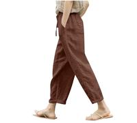 RLEHJN Cotton Linen Trousers Women UK Clearance Solid Color Elasticated Waist Cropped Trousers Ladies Summer Lounge Pants Plain Loose Fit Pants Casual Straight Leg Bottoms with Pockets and Drawstring