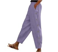 RLEHJN Cotton Linen Trousers Women UK Sale Clearance Solid Color Elasticated Waist Cropped Trousers Ladies Summer Lounge Pants Plain Casual Bottoms with Pockets and Side Button Design