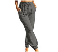 RLEHJN Cotton Trousers Women UK Cotton Linen Trouser Elasticated Waist Plain Elegant Lounge Pants Ladies Loose Straight Leg Beach Yoga Pants Bootcut Sweatpants Jogger Chino Bottoms 8-16 Dark Gray