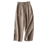 RLEHJN Cropped Cotton Linen Trousers Women UK Clearance Plain Baggy Summer Trousers Elegant Lounge Pants Casual Beach Bottoms with Pockets Ladies Trousers Elasticated Waist S-3XL Khaki