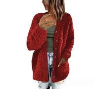 RLEHJN Fleece Jacket Women UK Sale Clearance Winter Ladies Coats Casual Fluffy Jumper Cardigan Tops Button Long Sleeve Crew Neck Sweater Cozy Coat Tops with Pockets Warm Outerwear 8-22 Red