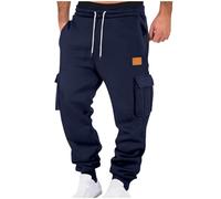 RLEHJN Fleece Lined Cargo Trousers Mens Joggers Winter Thermal Work Trousers Casual Solid Color Cargo Pants Combat Pants Loose Fit Tracksuit Bottoms Outdoor Work Wear Cargos with Pockets