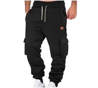 RLEHJN Fleece Lined Cargo Trousers Mens Joggers Winter Thermal Work Trousers Casual Solid Color Cargo Pants Combat Pants Loose Fit Tracksuit Bottoms Outdoor Work Wear Cargos with Pockets Black