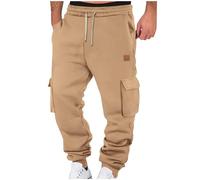 RLEHJN Fleece Lined Cargo Trousers Mens Joggers Winter Thermal Work Trousers Casual Solid Color Cargo Pants Combat Pants Loose Fit Tracksuit Bottoms Outdoor Work Wear Cargos with Pockets Khaki