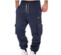 RLEHJN Fleece Lined Cargo Trousers Mens Joggers Winter Thermal Work Trousers Casual Solid Color Cargo Pants Combat Pants Loose Fit Tracksuit Bottoms Outdoor Work Wear Cargos with Pockets Navy