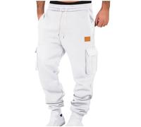 RLEHJN Fleece Lined Cargo Trousers Mens Joggers Winter Thermal Work Trousers Casual Solid Color Cargo Pants Combat Pants Loose Fit Tracksuit Bottoms Outdoor Work Wear Cargos with Pockets