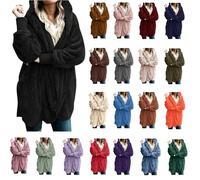 RLEHJN Fleece Tops For Women UK Fluffy Teddy Hoodie Women Thick Fleece Jacket Cardigan Plus Size Front Open Warm Plush Cardigan Ladies Jumper Solid Color Hooded Overcoat with Pockets