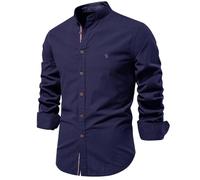 RLEHJN Grandad Shirts for Men Plain Henley Shirts Clearance Solid Color Casual Shirt Slim Fit Button Down Work Dress Shirt Cotton Stand Collar Long Sleeve Tops XS-XXL Dark Blue