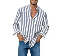 RLEHJN Grandad Shirts for Men Striped Henley Shirts Clearance Casual Cotton Shirt Regular Fit Button Down Work Shirt Stand Collar Long Sleeve Tops with Pocket M-3XL Gray