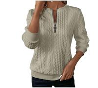 RLEHJN Half Zip Sweatshirt Women, Ladies Jumper Plain 1/4 Zip Pullover Cable Knit Jumper with Pockets Autumn Winter Long Sleeve Stand Collar Tops Solid Color Basic Sweaters Size 8-16 Beige