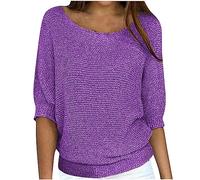 RLEHJN Jumpers for Women UK Sale Clearance Ladies Tops Plain Knitted Sweater 3/4 Sleeve Tops Crew Neck Sweatshirts Casual Pullover Lightweight Loose Sweatshirt Pull Over Jumper Top Purple