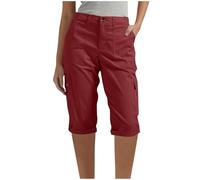 RLEHJN Knee Length Shorts for Women Offers of The Day, Ladies Cargo Shorts Plain Capri Pants with Multiple Pockets Summer Back Half Elasticated Waist Cropped Trousers for Hiking Work Travel Golf Red
