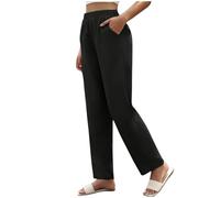 RLEHJN Ladies Trousers Elasticated Waist Solid Color High Waisted Summer Trousers Lounge Pants Lightweight Casual Comfortable Pants Full Length Straight Leg Bottoms with Pockets Size 8-16 Black