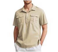 RLEHJN Linen or Cotton Short Sleeve Mens Shirts Regular Fit Deals of The Day Sale, Polos Shirts for Men Adult Casual Plain Tshirts Summer Tops Work Shirt with Pockets Golf Basic Tee S-5XL Khaki