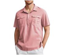 RLEHJN Linen Shirts Men Short Sleeve Offers of The Day, Mens Polos Shirts Casual Plain Cotton Tshirts Summer Turndown Collar Tops Regular Fit Work Shirt with Pockets Golf Basic Tee S-5XL Pink