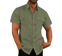 RLEHJN Linen Shirts Men UK Clearance Summer Plain Short Sleeved Shirts Breathable Button Down Cotton Linen Shirts Casual Loose Fit Holiday Beach Shirt Tops with Pockets