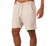RLEHJN Linen Shorts Men Summer Plain Cotton Beach Shorts with Pockets Solid Color Elasticated Waist Short Bottoms Casual Half Pants for Walking, Running, Fishing, Hiking & Camping S-3XL Khaki