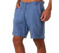 RLEHJN Linen Shorts Men Summer Plain Cotton Beach Shorts with Pockets Solid Color Elasticated Waist Short Bottoms Casual Half Pants for Walking, Running, Fishing, Hiking & Camping S-3XL Blue