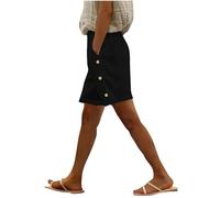 RLEHJN Linen Shorts Women Last Minute Deals Summer Cotton Pull On Bermuda Shorts with Pockets and Side Button Design Casual Solid Color Elasticated Waist Short Pants Above The Knee Lounge Pants Black