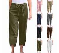 RLEHJN Linen Trousers Women Last Minute Deals Summer Cotton Cropped Trousers Elasticated Waist Solid Color Lounge Capri Pants Plain Casual Straight Leg Bottoms with Pockets and Drawstring Army Green