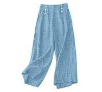 RLEHJN Linen Trousers Womens, Ladies Summer Trousers Elasticated Waist Cotton Linen Trousers Solid Color Button Lounge Pants Plain Loose Fit Yoga Pants Casual Wide Leg Bottoms with Pockets Light Blue
