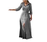 RLEHJN Long Sleeve Striped/Solid Color Maxi Dress - Turn-Down Collar A-Line Shift Dress for Women - UK Sale Clearance