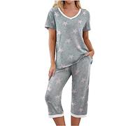 RLEHJN Lounge Wear Sets for Women UK Clearance, Shorts and Top Set Women Two Piece Outfit Summer Co Ord Set V Neck Star Printed T-Shirts Tops & Three Quarter Length Trousers Ladies Tracksuit Sets