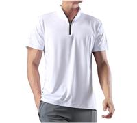 RLEHJN Men's Active Sports Shirts 1/4 Zip Short Sleeve Running T-Shirts Breathable Quick-Dry Pullover Slim Fit Stand Collar Tops Lightweight Outdoor Polos Shirts for Training and Fitness M-5XL White
