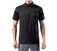 RLEHJN Men's Active Sports Shirts 1/4 Zip Short Sleeve Running T-Shirts Breathable Quick-Dry Pullover Slim Fit Stand Collar Tops Lightweight Outdoor Polos Shirts for Training and Fitness M-5XL Black
