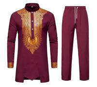 RLEHJN Men's African 2 Piece Set Ethnic Style Long Sleeve Gold Print Dashiki and Pants Slim Fit Button Tops & Trousers Outfit Traditional Suit Stand Collar Pullover Lounge Wear M-XXL