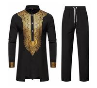 RLEHJN Men's African 2 Piece Set Ethnic Style Long Sleeve Gold Print Dashiki and Pants Slim Fit Button Tops & Trousers Outfit Traditional Suit Stand Collar Pullover Lounge Wear M-XXL