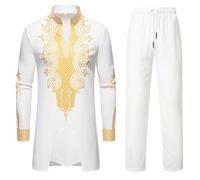 RLEHJN Men's African Two Piece Set Ethnic Style Floral Printed Dashiki and Pants Slim Fit V Neck Long Sleeve Tops & Trousers Outfit Traditional Suit Stand Collar Pullover Lounge Wear