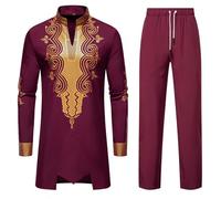 RLEHJN Men's African Two Piece Set Ethnic Style Floral Printed Dashiki and Pants Slim Fit V Neck Long Sleeve Tops & Trousers Outfit Traditional Suit Stand Collar Pullover Lounge Wear