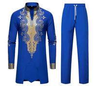 RLEHJN Men's African Two Piece Set Ethnic Style Floral Printed Dashiki and Pants Slim Fit V Neck Long Sleeve Tops & Trousers Outfit Traditional Suit Stand Collar Pullover Lounge Wear