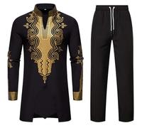 RLEHJN Men's African Two Piece Set Ethnic Style Floral Printed Dashiki and Pants Slim Fit V Neck Long Sleeve Tops & Trousers Outfit Traditional Suit Stand Collar Pullover Lounge Wear