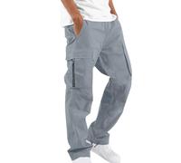 RLEHJN Mens Cargo Trousers with Pockets Elasticated Waist Work Trousers Casual Solid Color Cargo Pants Straight Leg Combat Pants Lightweight Full Length Tracksuit Bottoms Work Wear Cargos Gray